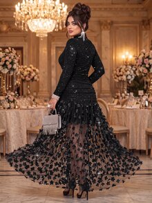 Roveilla Plus Size Knitted French Style Black High Neck Long Sleeve Cinched Waist Bodycon Ruched 3D Lace Mermaid Hem Elegant Formal Dress Christmas Fall - Black - View 2
