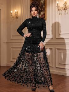 Roveilla Plus Size Knitted French Style Black High Neck Long Sleeve Cinched Waist Bodycon Ruched 3D Lace Mermaid Hem Elegant Formal Dress Christmas Fall - Black - View 6
