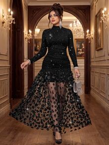 Roveilla Plus Size Knitted French Style Black High Neck Long Sleeve Cinched Waist Bodycon Ruched 3D Lace Mermaid Hem Elegant Formal Dress Christmas Fall - Black - View 5