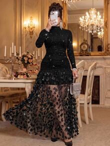 Roveilla Plus Size Knitted French Style Black High Neck Long Sleeve Cinched Waist Bodycon Ruched 3D Lace Mermaid Hem Elegant Formal Dress Christmas Fall - Black - View 1