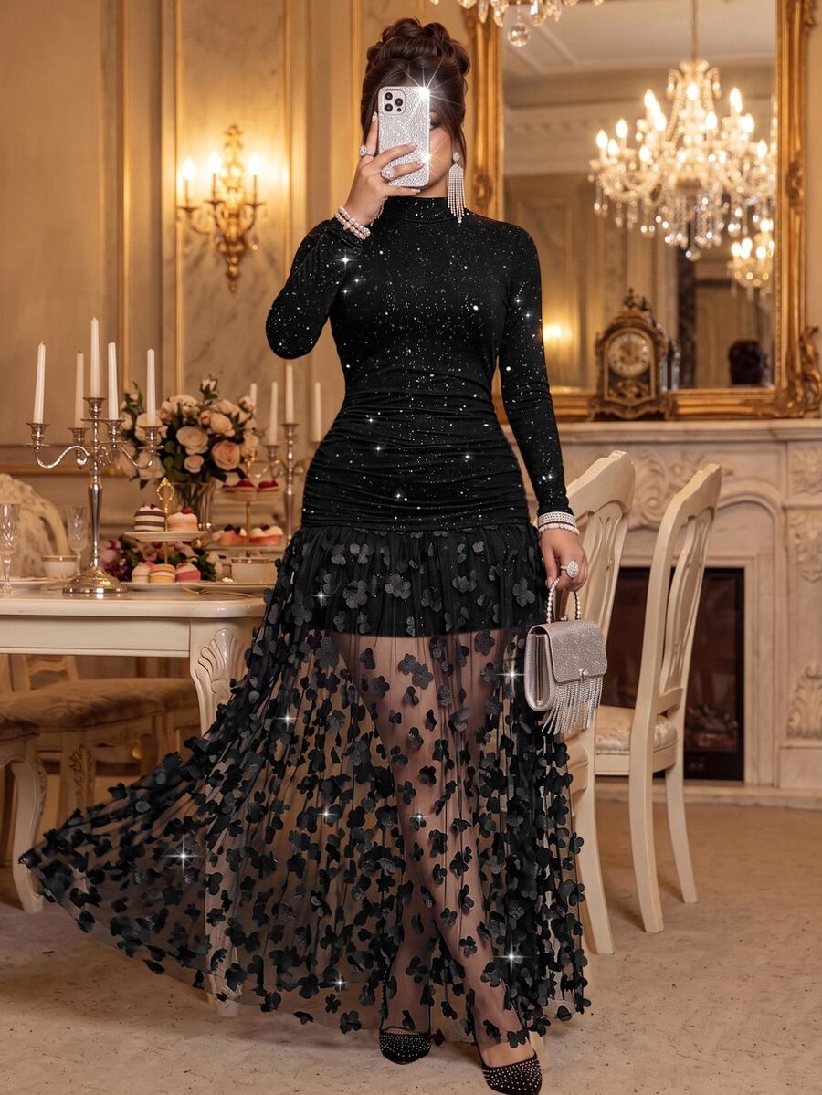 Roveilla Plus Size Knitted French Style Black High Neck Long Sleeve Cinched Waist Bodycon Ruched 3D Lace Mermaid Hem Elegant Formal Dress Christmas Fall - Black - View 1
