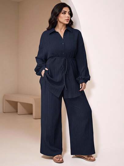 Veilorie 2pcs Plus Size Plain Front Button Long Sleeve Casual Elegant Blouse And Pants Set 2 Pieces Set Autumn Formal Vacation Navy Blue