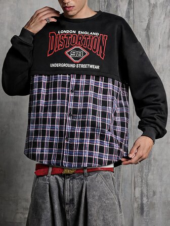 T-shirt sweat-shirt à manches longues 2 en 1 à carreaux patchwork bleu & violet pour homme