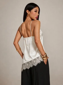 SHEIN PETITE Women's Asymmetrical Lace Patchwork Hem Camisole - Apricot - View 3