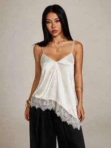 SHEIN PETITE Women's Asymmetrical Lace Patchwork Hem Camisole - Apricot - View 4
