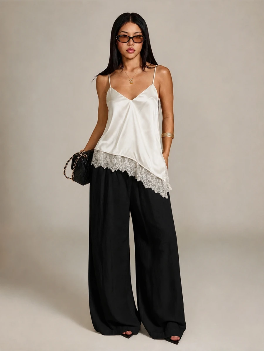 SHEIN PETITE Women's Asymmetrical Lace Patchwork Hem Camisole - Apricot - View 1