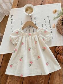 SHEIN LMoss Kids Baby Girl Woven Floral Casual Square Neck Puff Sleeve Dress, Fashionable - Multicolor - View 2