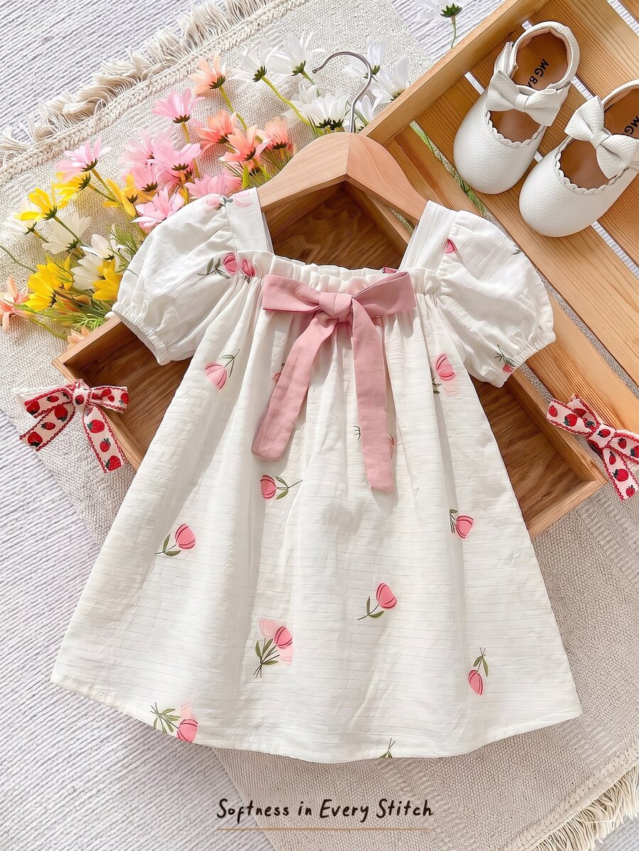 SHEIN LMoss Kids Baby Girl Woven Floral Casual Square Neck Puff Sleeve Dress, Fashionable - Multicolor - View 1