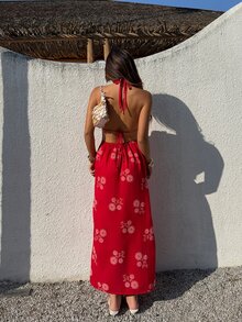 Sunnyshic 女士红色印花深V领露背系带连衣裙，性感浪漫海滩度假风，夏季 - 紅色 - 查看 2