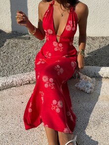 Sunnyshic 女士红色印花深V领露背系带连衣裙，性感浪漫海滩度假风，夏季 - 紅色 - 查看 4