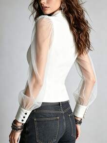 Glimmora Sexy Sheer Mesh Petal Sleeve Cinched Waist V-Neck Slimming Blouse - White - View 2