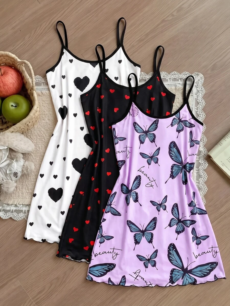 SHEIN MOD 3件套女士心形蝴蝶结印花针织吊带睡袍套装 - 彩色 - 查看 1