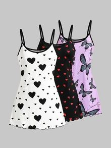 SHEIN MOD 3件套女士心形蝴蝶结印花针织吊带睡袍套装 - 彩色 - 查看 2