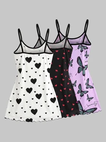 SHEIN MOD 3件套女士心形蝴蝶结印花针织吊带睡袍套装 - 彩色 - 查看 3
