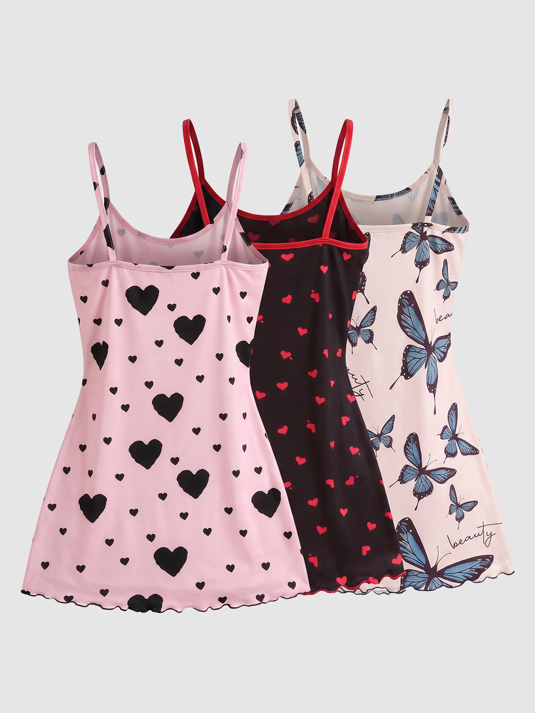 SHEIN MOD 3Sets Cute Print Women Heart & Bow Print Knitted Camisole Dress Heart Print Pajama Dress Babydoll Sleepwear Summer Nightie Bow Print - Multicolor - View 3