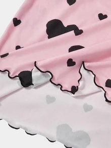 SHEIN MOD 粉色睡衣三件套，可爱印花，女士爱心蝴蝶结针织吊带睡裙套装，爱心印花睡衣，娃娃衫睡衣，女士夏季睡裙，蝴蝶结印花睡衣，内衣睡衣，舒适优雅细节 - 彩色 - 查看 5