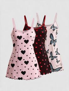 SHEIN MOD 粉色睡衣三件套，可爱印花，女士爱心蝴蝶结针织吊带睡裙套装，爱心印花睡衣，娃娃衫睡衣，女士夏季睡裙，蝴蝶结印花睡衣，内衣睡衣，舒适优雅细节 - 彩色 - 查看 2