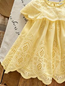 SHEIN LMoss Kids Baby Girl Woven Embroidered Ruffle Hem Casual Dress - Yellow - View 5