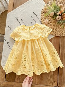 SHEIN LMoss Kids Baby Girl Woven Embroidered Ruffle Hem Casual Dress - Yellow - View 3