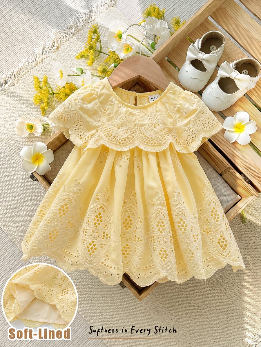 SHEIN LMoss Kids Baby Girl Woven Embroidered Ruffle Hem Casual Dress - Yellow - View 1