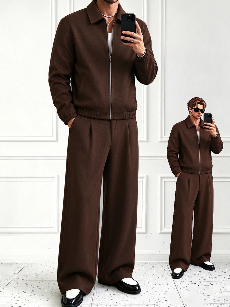 HUEFORM Men's Old Money Brown Tweed Stand Collar Zip-Up Jacket And Pleated Wide Leg Pants Set, Vintage Fashion Style, Suitable For Autumn And Winter Outings - Coffee Brown - View 1