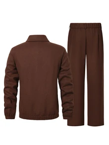 HUEFORM Men's Old Money Brown Tweed Stand Collar Zip-Up Jacket And Pleated Wide Leg Pants Set, Vintage Fashion Style, Suitable For Autumn And Winter Outings - Coffee Brown - View 2