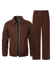 HUEFORM Men's Old Money Brown Tweed Stand Collar Zip-Up Jacket And Pleated Wide Leg Pants Set, Vintage Fashion Style, Suitable For Autumn And Winter Outings - Coffee Brown - View 5