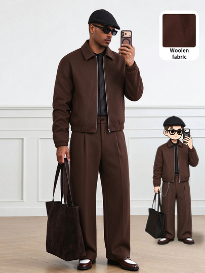 HUEFORM Men's Old Money Brown Tweed Stand Collar Zip-Up Jacket And Pleated Wide Leg Pants Set, Vintage Fashion Style, Suitable For Autumn And Winter Outings