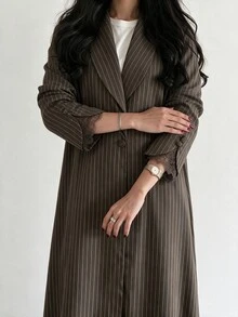 Yasveil Women's Brown Woven Striped Long Sleeve Patchwork Dyed Lace Trim Button Closure Commute Elegant Casual Abaya - Brown - View 8