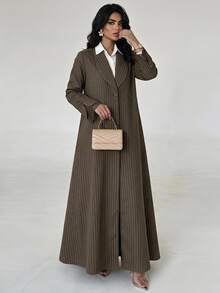Yasveil Women's Brown Woven Striped Long Sleeve Patchwork Dyed Lace Trim Button Closure Commute Elegant Casual Abaya - Brown - View 1