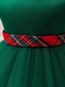 Glamorique Kids Baby Girls' Green Satin Lace Dress With Plaid Back Large Bow,Color-Blocking Waist Belt - Green - View 6