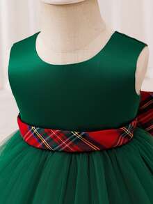 Glamorique Kids Baby Girls' Green Satin Lace Dress With Plaid Back Large Bow,Color-Blocking Waist Belt - Green - View 7