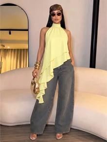 SOLERSUN Women's Elegant Asymmetrical Ruffle Hem Halter Neck Top, Sleeveless Layered Blouse - Light Yellow - View 2