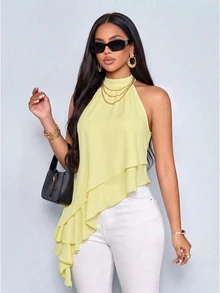 SOLERSUN Women's Elegant Asymmetrical Ruffle Hem Halter Neck Top, Sleeveless Layered Blouse - Light Yellow - View 6