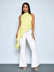 SOLERSUN Women's Elegant Asymmetrical Ruffle Hem Halter Neck Top, Sleeveless Layered Blouse - Light Yellow - View 7