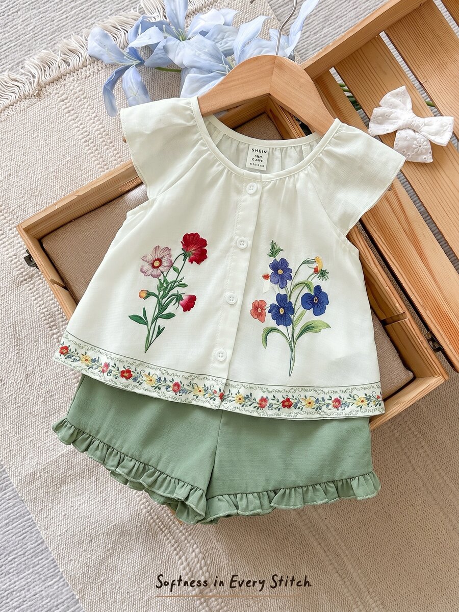SHEIN LMoss Kids 女宝宝度假休闲可爱碎花荷叶边短袖上衣和松紧腰短裤套装 - 彩色 - 查看 1