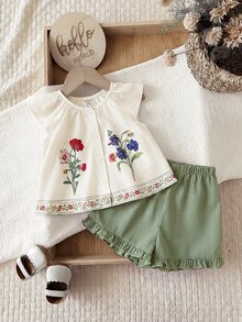 SHEIN LMoss Kids 女宝宝度假休闲可爱碎花荷叶边短袖上衣和松紧腰短裤套装 - 彩色 - 查看 3