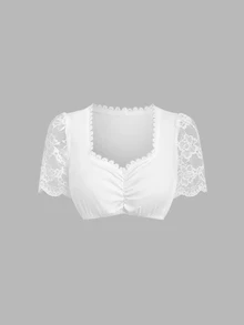 Fairmaia Women's Traditional German Elegant Traditional Cultural Top,Solid Color Lace Patchwork Dirndl Blouse, For Oktober Party Thailand Holiday White Summer - White - View 3