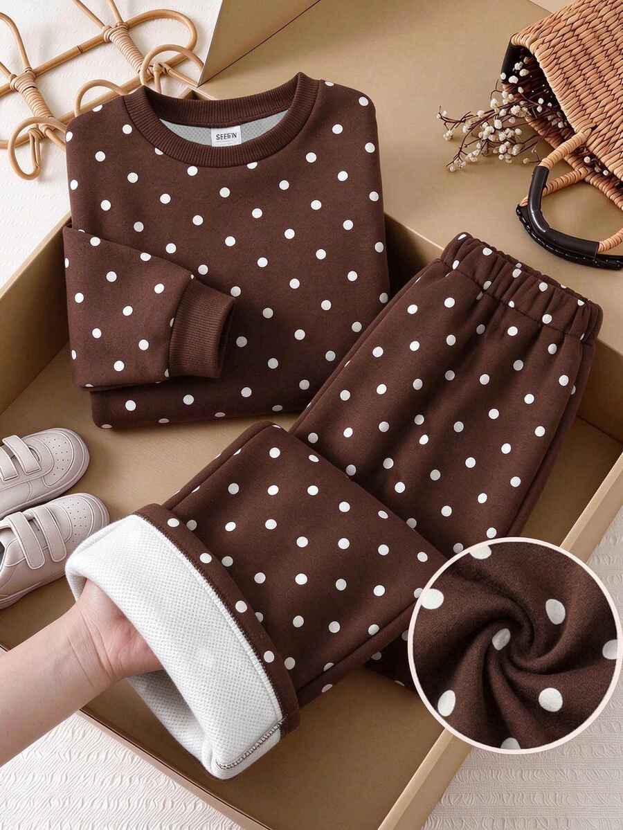 SHEIN Young Girl Polka Dot Print Long Sleeve Sweatshirt And Loose Pants Set Kids 7th Birthday Gifts Fall - Coffee Brown - View 1