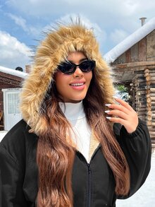 SHEIN EZwear Plus Size Winter Thermal Lined Hooded Jacket - Black - View 4