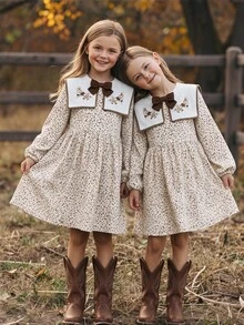 SHEIN Tween女孩簡約領口碎花休閒日常簡單連身裙 - 彩色 - 查看 4