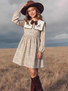SHEIN Tween女孩簡約領口碎花休閒日常簡單連身裙 - 彩色 - 查看 3