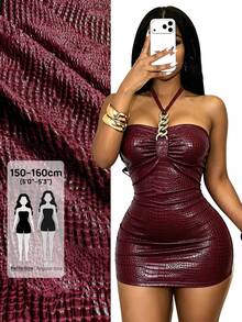 Mistrie Women's Sexy Fitted Snake Skin Textured Halter Neck Short Dress Club Party Burgundy Summer - Burgundy - View 2
