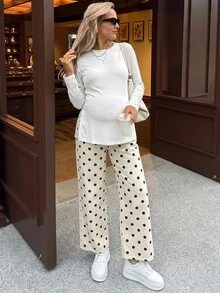 SHEIN 孕婦波點休閒百搭日常穿著牛仔褲 女款牛仔女孩風波點白色長褲 - 杏色 - 查看 9