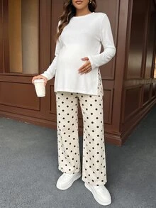 SHEIN 孕婦波點休閒百搭日常穿著牛仔褲 女款牛仔女孩風波點白色長褲 - 杏色 - 查看 6