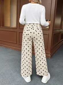 SHEIN 孕婦波點休閒百搭日常穿著牛仔褲 女款牛仔女孩風波點白色長褲 - 杏色 - 查看 3