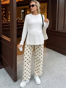 SHEIN 孕婦波點休閒百搭日常穿著牛仔褲 女款牛仔女孩風波點白色長褲 - 杏色 - 查看 7