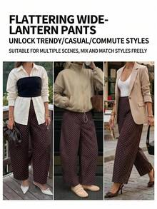 SHEIN LUNE 女款休閒基礎款法式棕色與白色波點抽繩長褲，適合秋季度假、日常城市短途旅行、酒吧、辦公室、早午餐與外出 - 彩色 - 查看 4