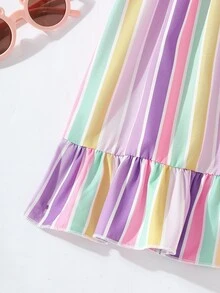 SHEIN 女宝宝夏季韩版休闲可爱多色条纹印花编织连衣裙 - 彩色 - 查看 6