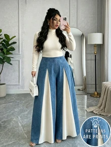 Elenzga 大尺碼女款藍白拼色仿牛仔印花高腰彈性後腰百褶寬腿長褲，休閒日常通勤長褲 - 彩色 - 查看 1